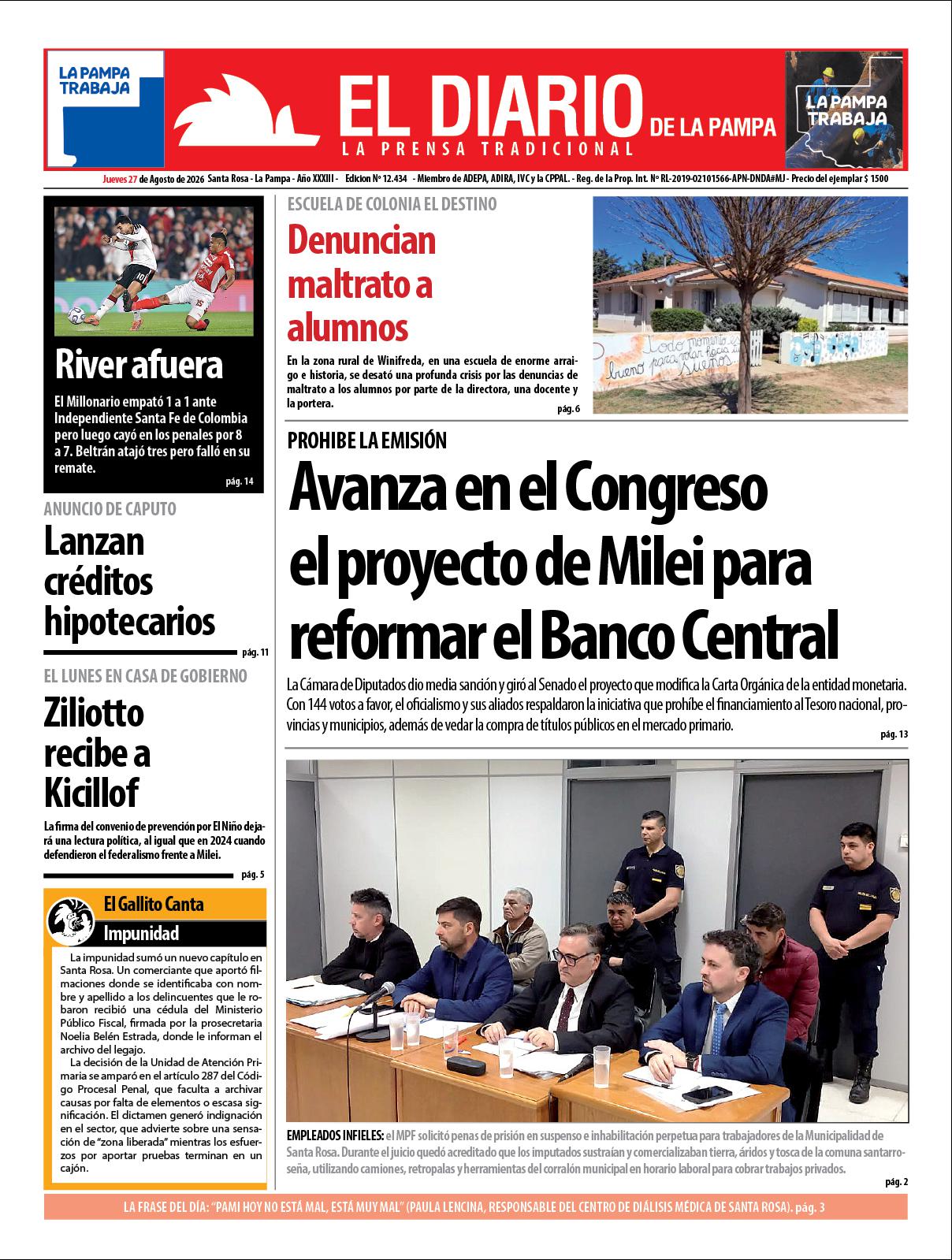 Tapa de El Diario en papel  jueves 27 de agosto de 2026